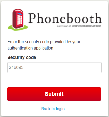 Phonebooth two-factor security code screen